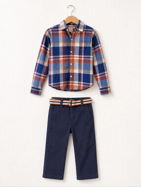 Janie and Jack Blue & Orange Plaid Button-Down with Navy Pants
